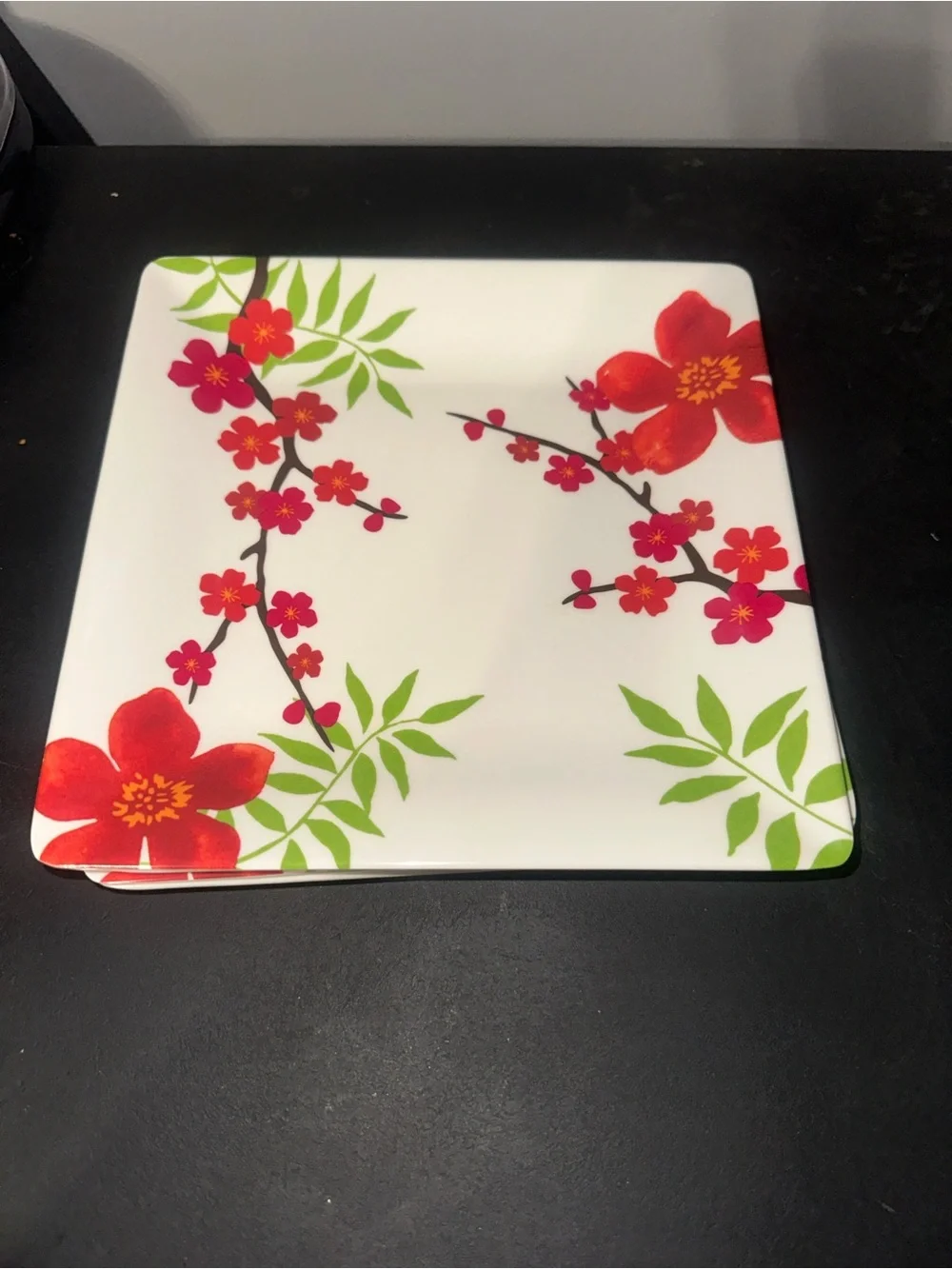 Set of 4 Bed Bath & Beyond White Dinner Plate with Red Floral Pattern